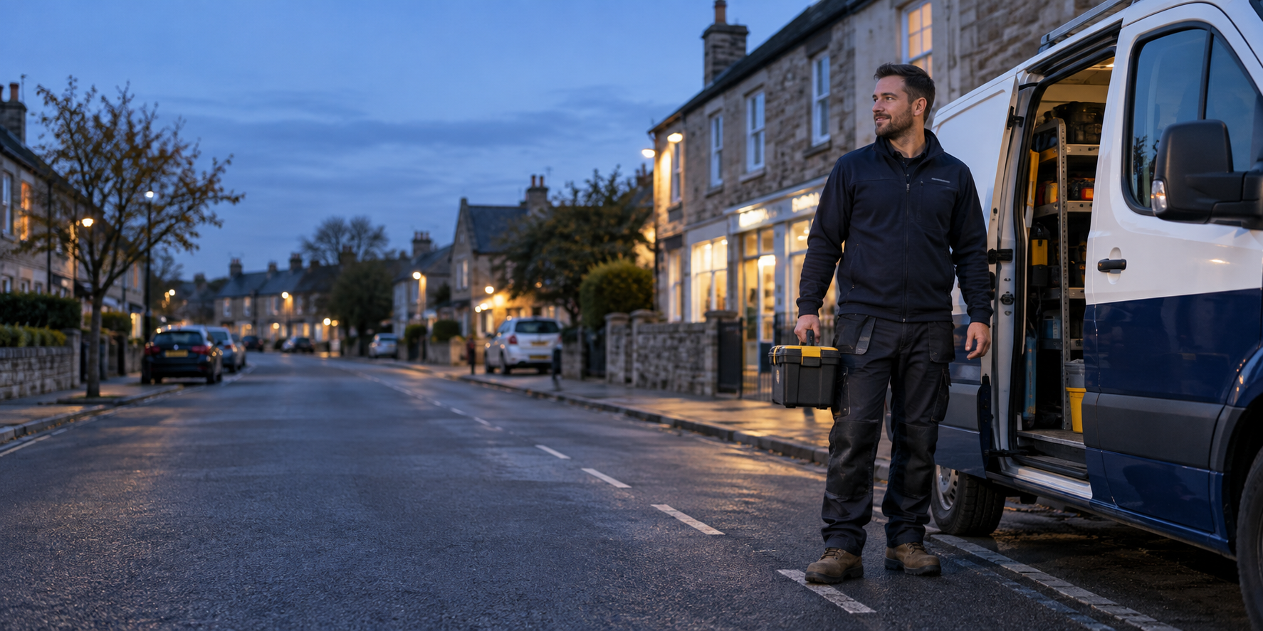Illustrative 24 HOUR SERVICE CO technician beside an unbranded work van at dusk