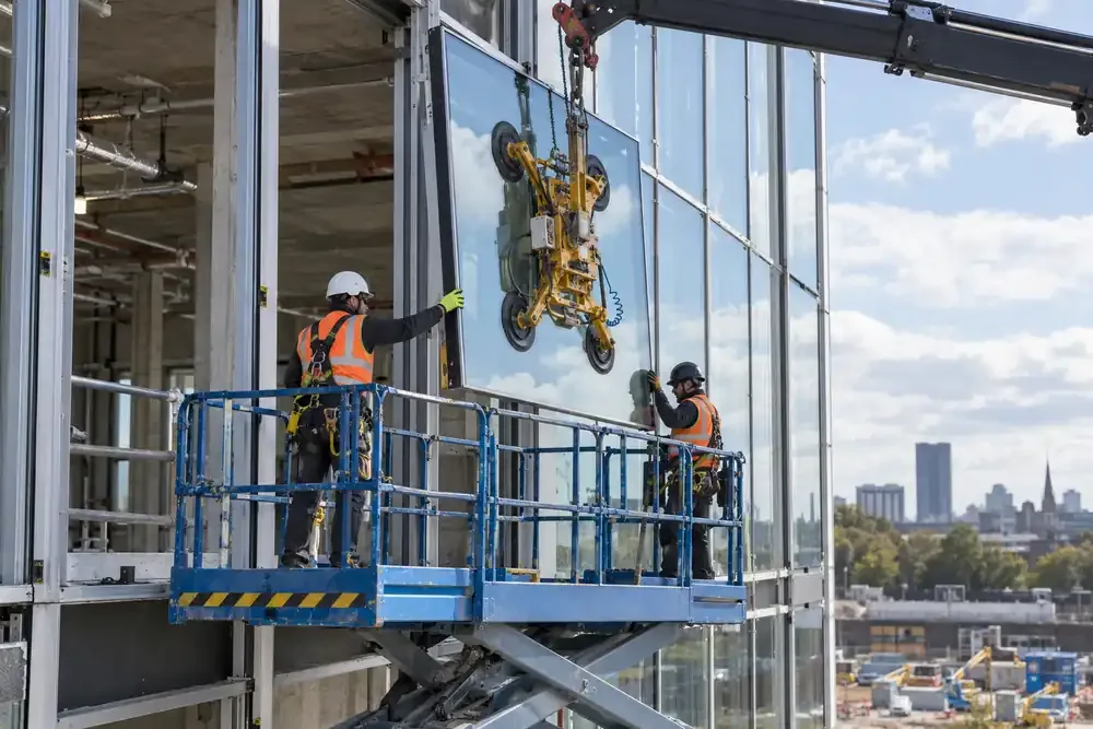 Office building facade under construction: installers on fully guarded scissor lift guide a rectangular glazed curtain-wall panel into aluminium mullions with crane-mounted vacuum lifter, wide exterior daylight view.