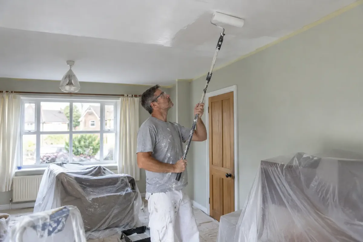 A decorator standing safely on the floor using a roller on an extension pole to paint a white ceiling, clearly visible fresh painted swathe overhead, covered furniture and taped edges, simple domestic room, protective eyewear.