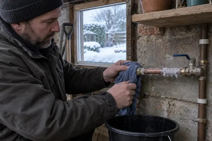 Plumber warming a frozen pipe with a cloth in a winter outbuilding.