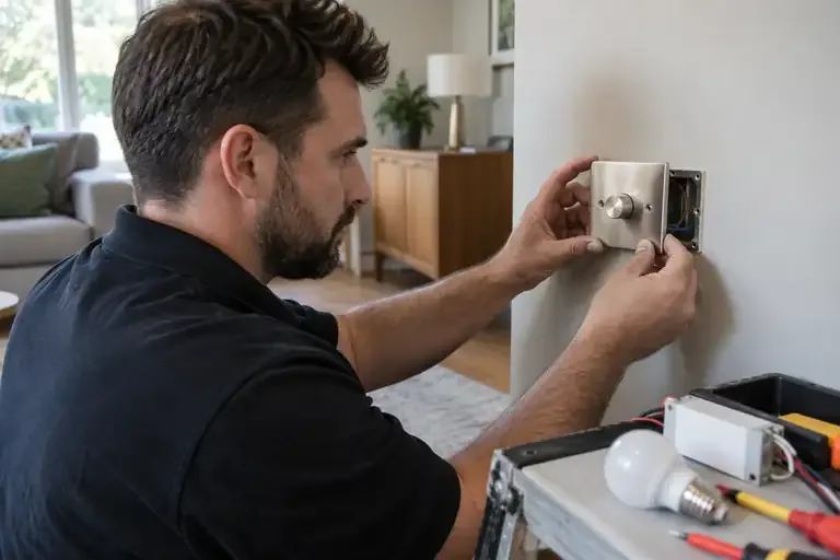 Dimmer switch installation: a professional electrician assessing or carrying out the electrical work.