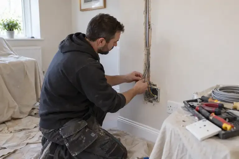 Electrician replacing cables at a socket backbox in a protected domestic room.