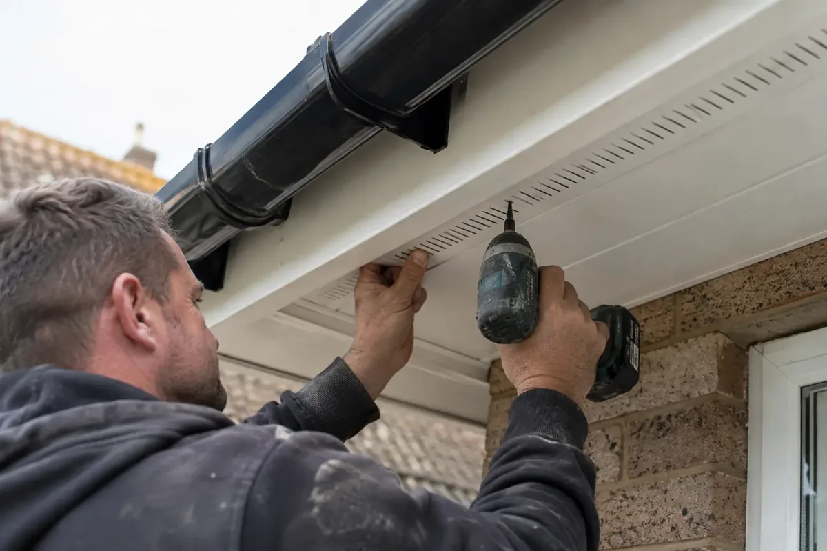 Installer fixing a white soffit panel with a continuous row of visible ventilation slots.