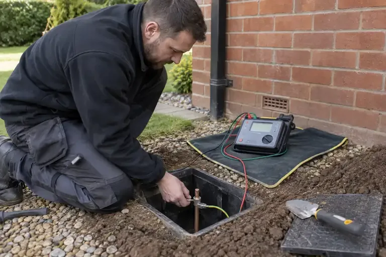 Earth electrode installation: a professional electrician assessing or carrying out the electrical work.