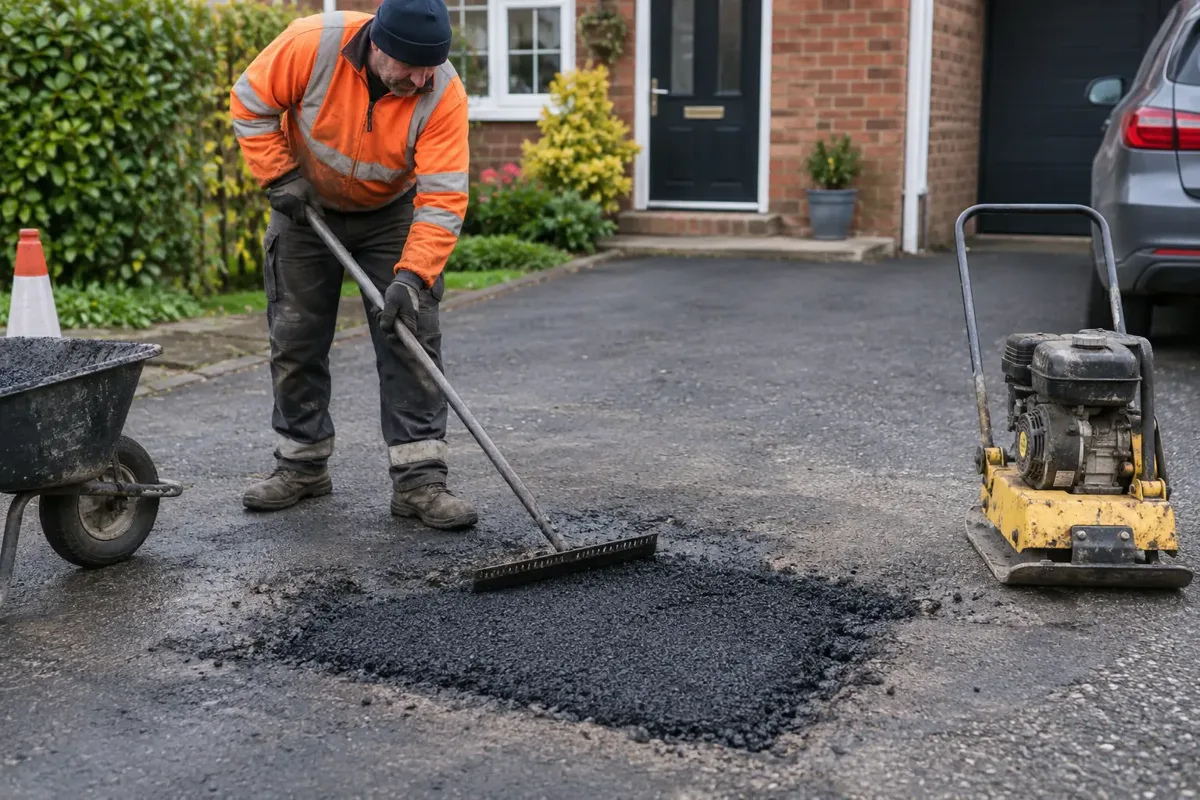 Road surfacing worker repairing a clearly defined pothole in a UK domestic tarmac driveway, fresh dark asphalt patch, asphalt rake and small pedestrian plate compactor, PPE and clear work area.