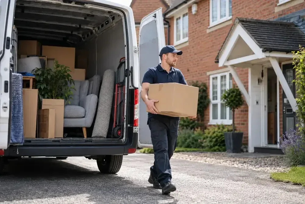 Mover carrying a cardboard box from a furniture-filled van