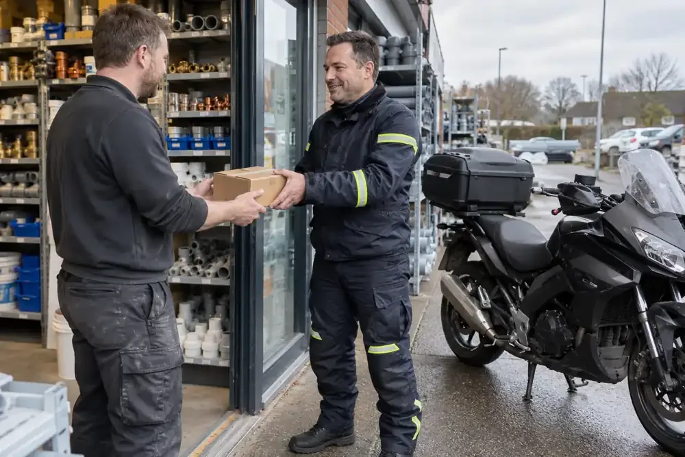 a motorcycle courier preparing or handing over a suitable consignment