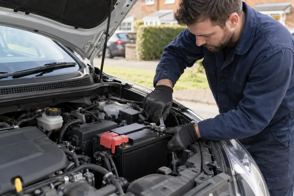 Mechanic fitting a replacement 12-volt car battery
