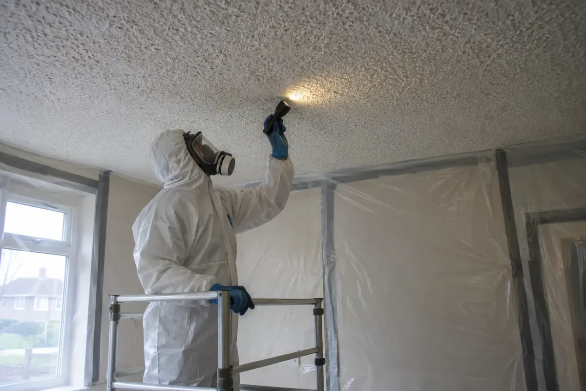 Asbestos specialist in hooded coveralls, gloves and full-face respirator on a low guarded podium inspecting an old stippled textured ceiling finish with a torch in a contained room. Intact visibly textured ceiling and sealed polythene walls, no disturbance or dust.