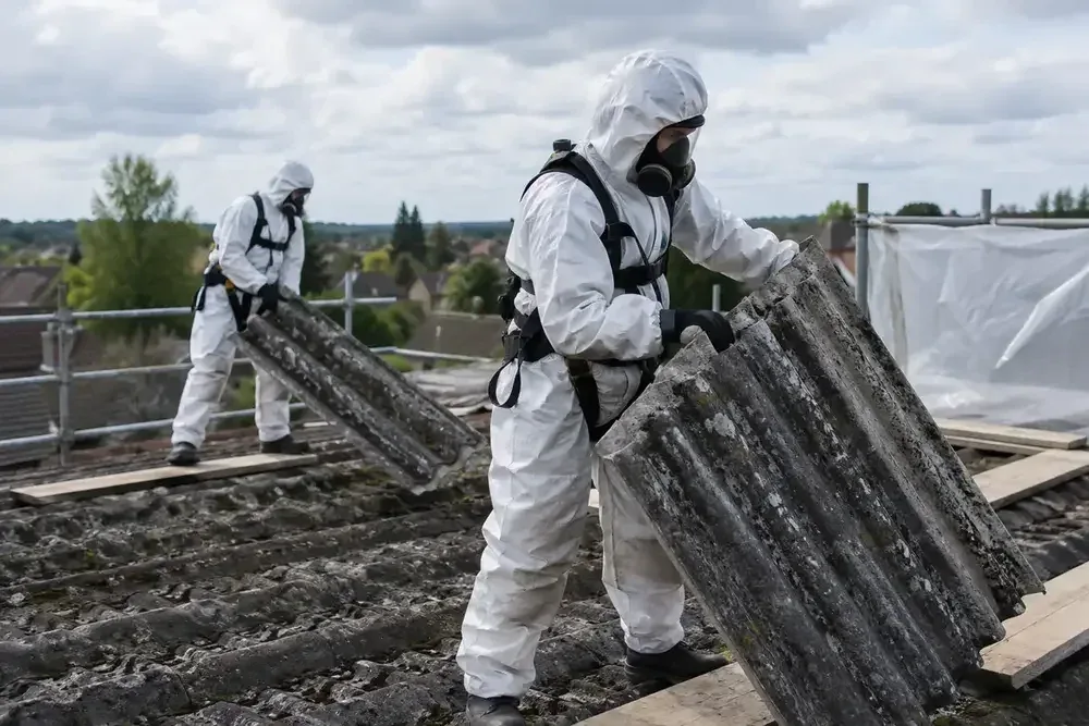 Workers in protective suits removing corrugated roof sheets