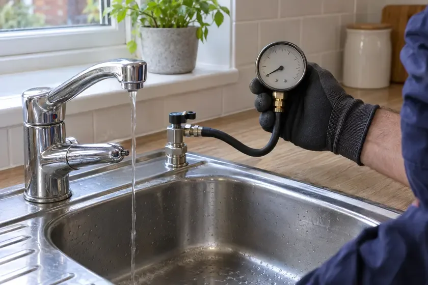 Pressure gauge and a weak tap flow during a low-pressure investigation.