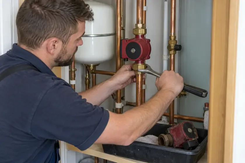 Plumber fitting a replacement central heating circulator pump.