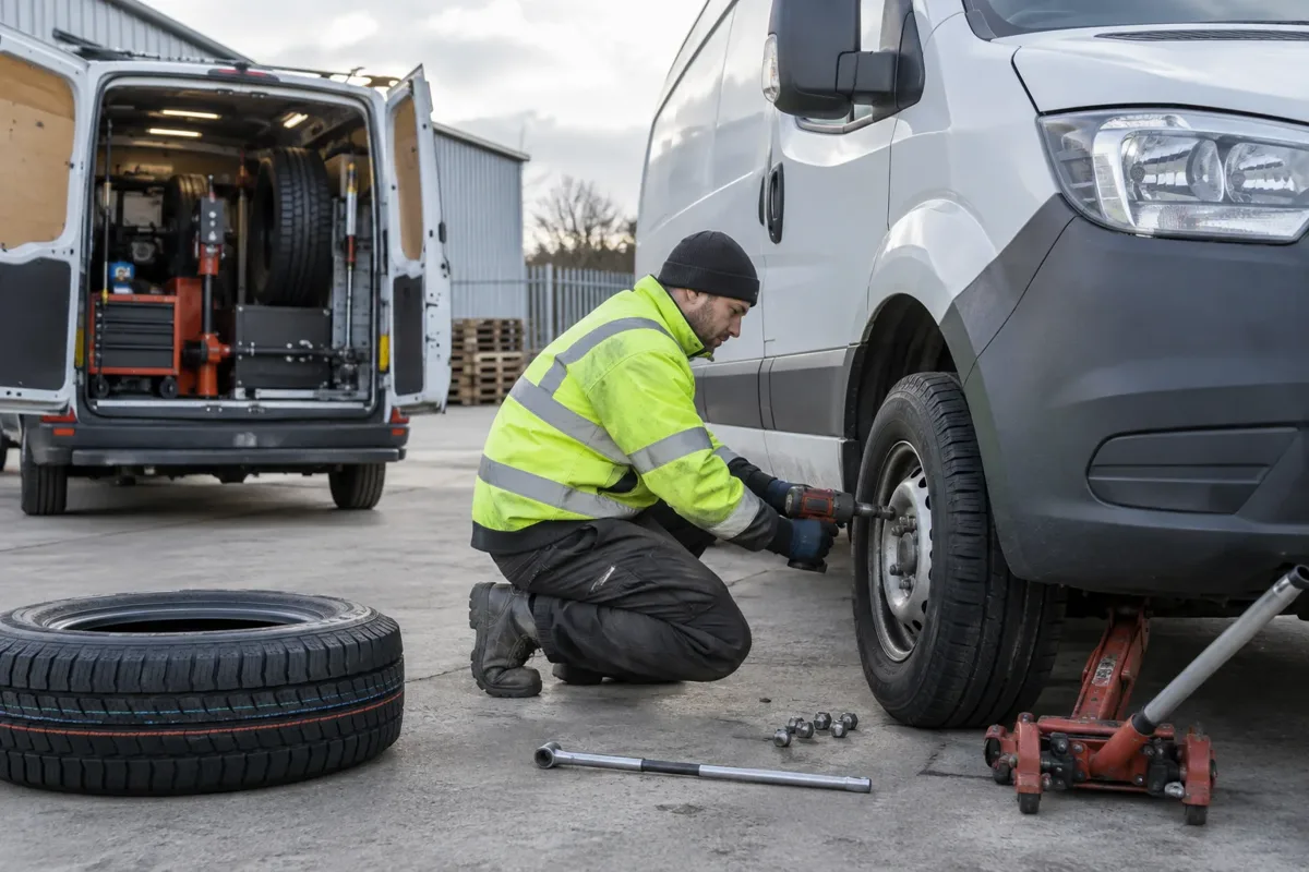 Technician replacing a working van tyre at a commercial yard