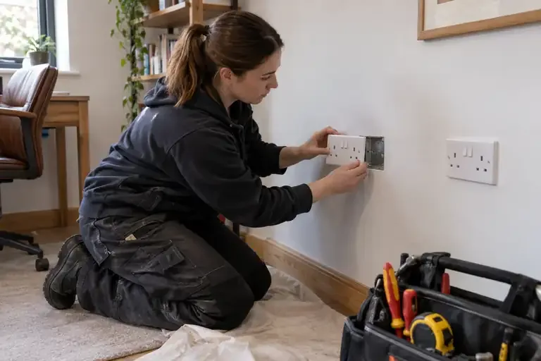 Additional socket installation: a professional electrician assessing or carrying out the electrical work.
