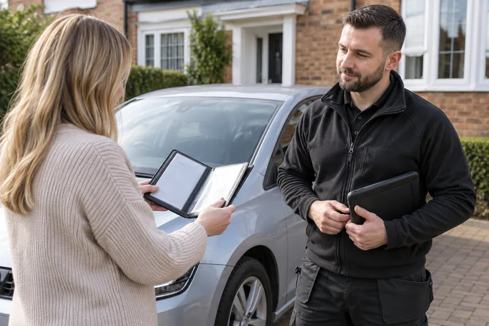 Car owner showing vehicle documents to a locksmith before key replacement