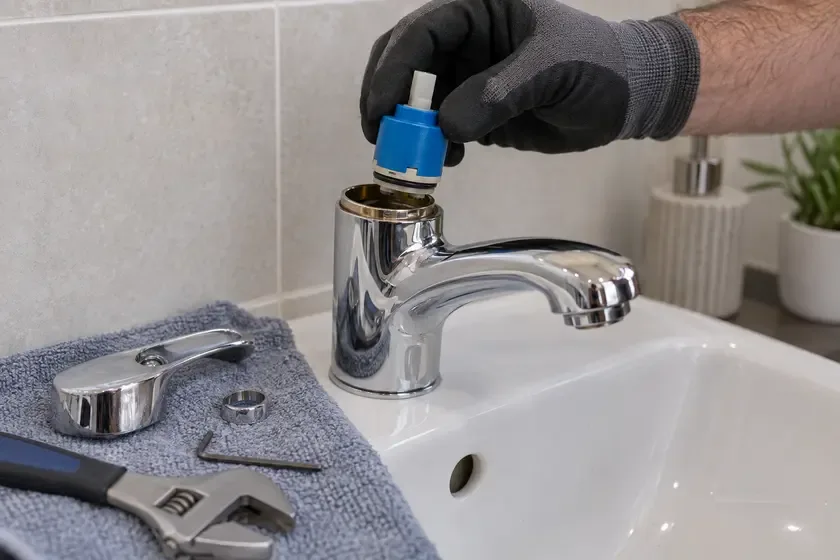 Plumber removing a ceramic cartridge from a single-lever mixer tap.