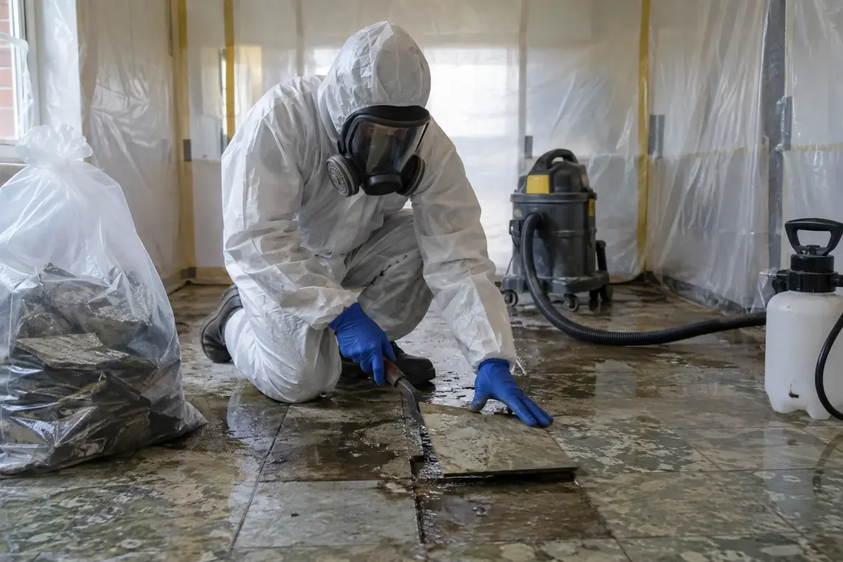 Specialist in full hooded coveralls, gloves, boots and full-face respirator carefully lifting one intact old square floor tile with a hand scraper in a sealed polythene-contained room. Wetted floor tiles, controlled floor-level work, sealed waste bag and specialist dust extractor, no airborne dust.