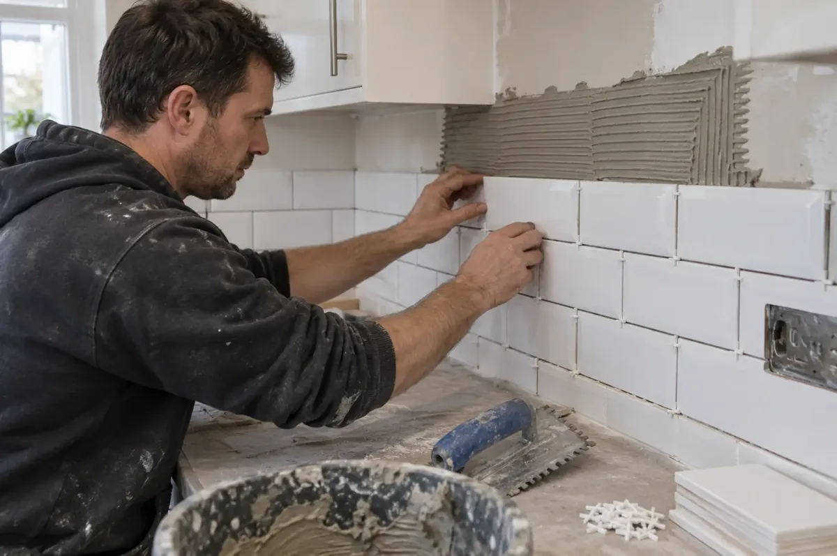 Tiler fitting bevelled glossy white rectangular metro tiles in staggered rows on a kitchen wall with spacers.