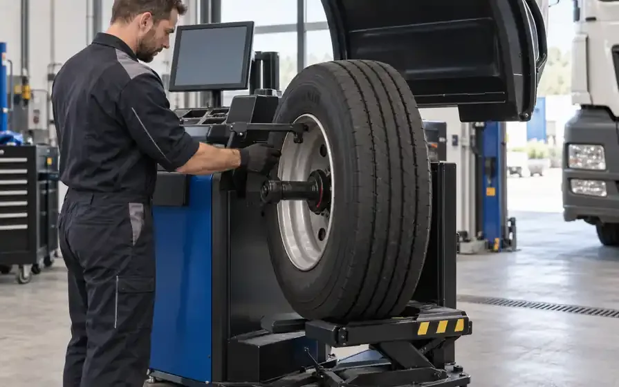 Technician positions a commercial balancer measuring arm against the inner rim of a stationary truck wheel.