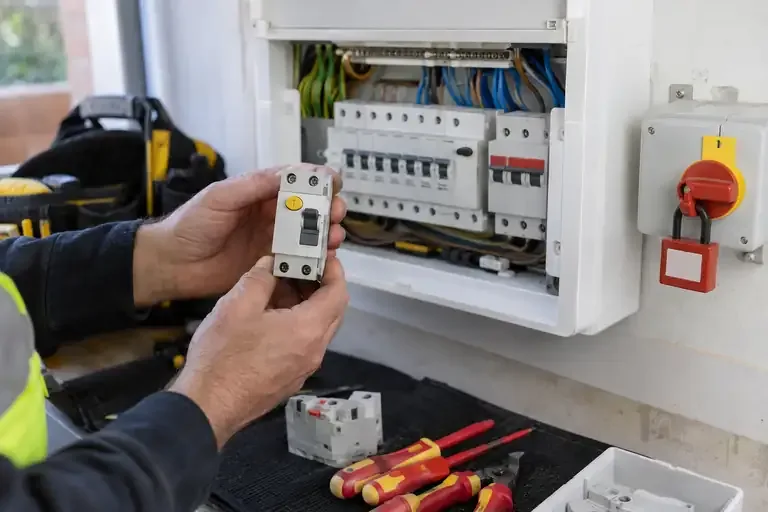 RCD replacement: a professional electrician assessing or carrying out the electrical work.