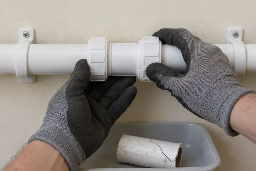 Plumber fitting a straight compression coupling to a white waste pipe.
