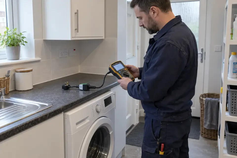 Electrician investigating a reported appliance shock with testing equipment beside an unplugged washing machine.