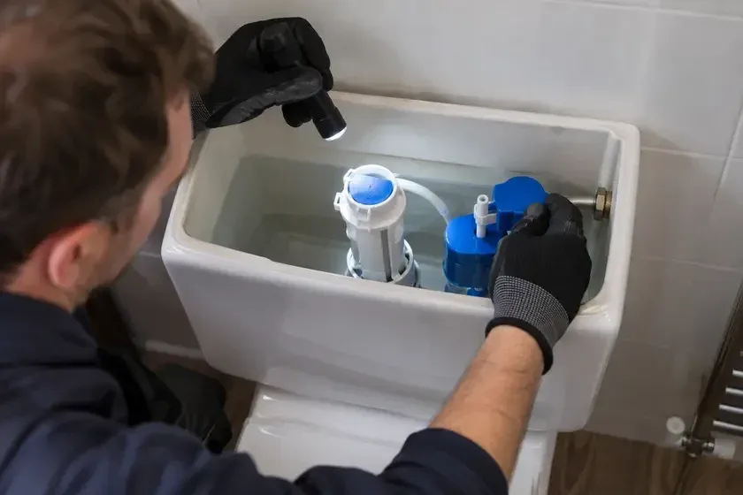 Plumber inspecting the mechanisms inside an open toilet cistern