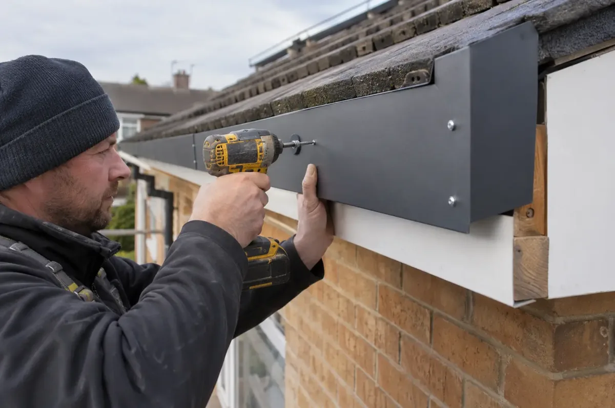Installer securing a folded dark grey metal fascia profile along the eaves.