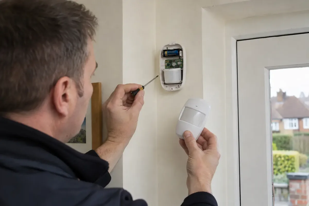 Security technician replacing and testing a compact wireless motion detector on a wall corner. Open detector cover shows battery and small sensor circuit, new matching detector in hand, small screwdriver and plausible fingers.