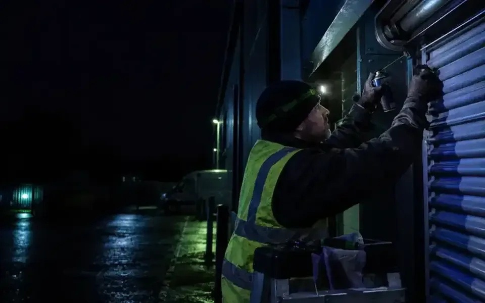 Technician repairs the slats of a metal roller shutter; material alloy is not independently verified.