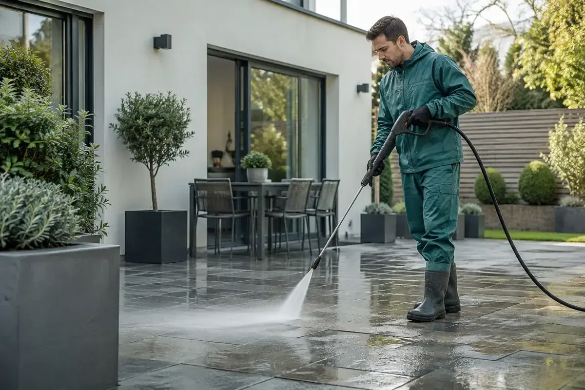 Technician pressure washing a large paved patio