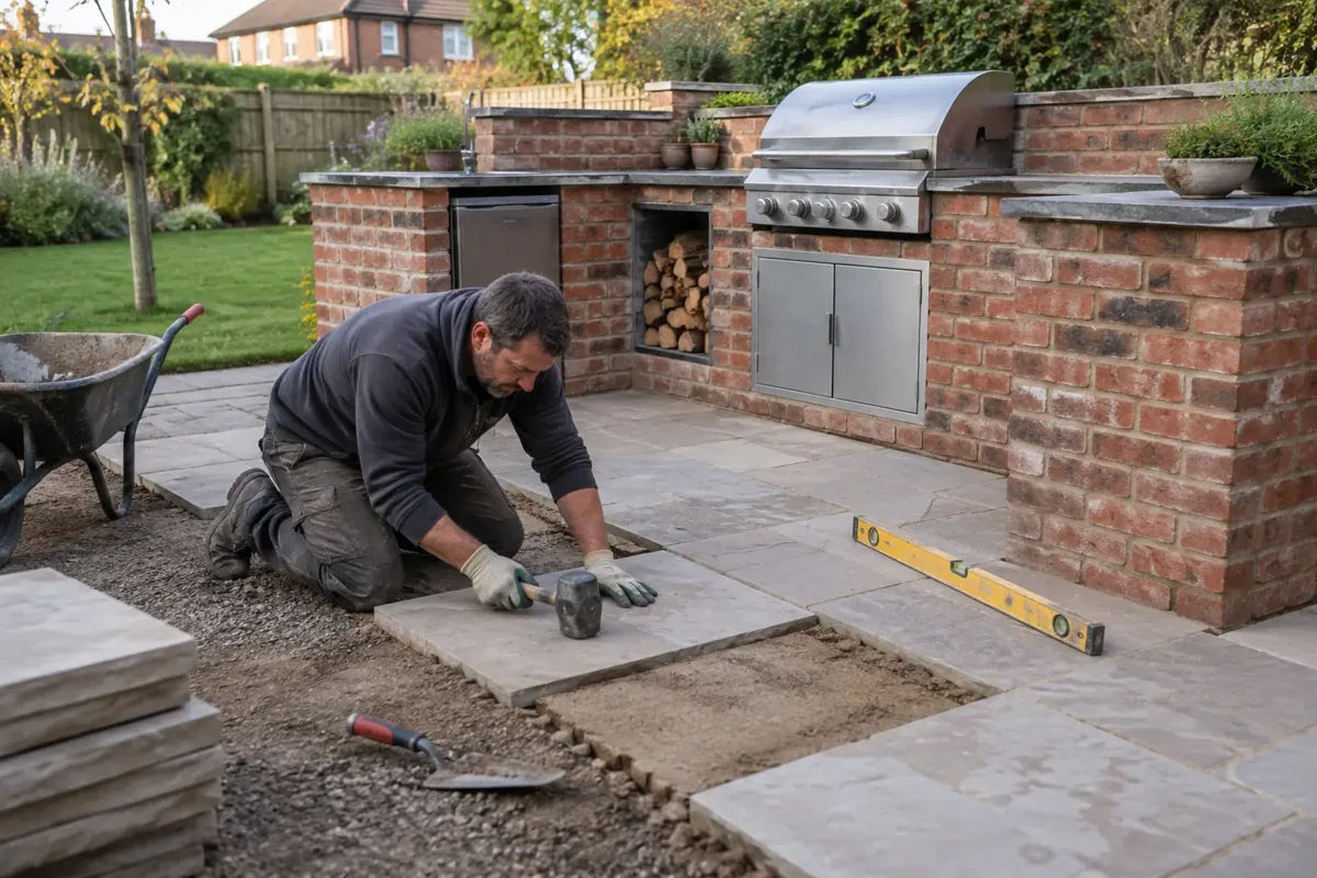 A landscaper laying stone paving immediately around a newly built outdoor brick kitchen with built-in barbecue and worktop in a British garden; actual paving work with rubber mallet, level and gloves; cooking structure prominent.