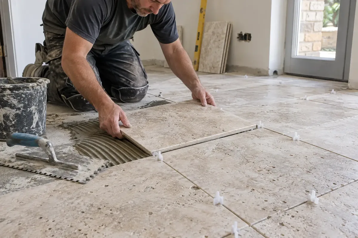 Tiler lowering a pale travertine floor tile with visible natural pores onto combed adhesive, with tile spacers.