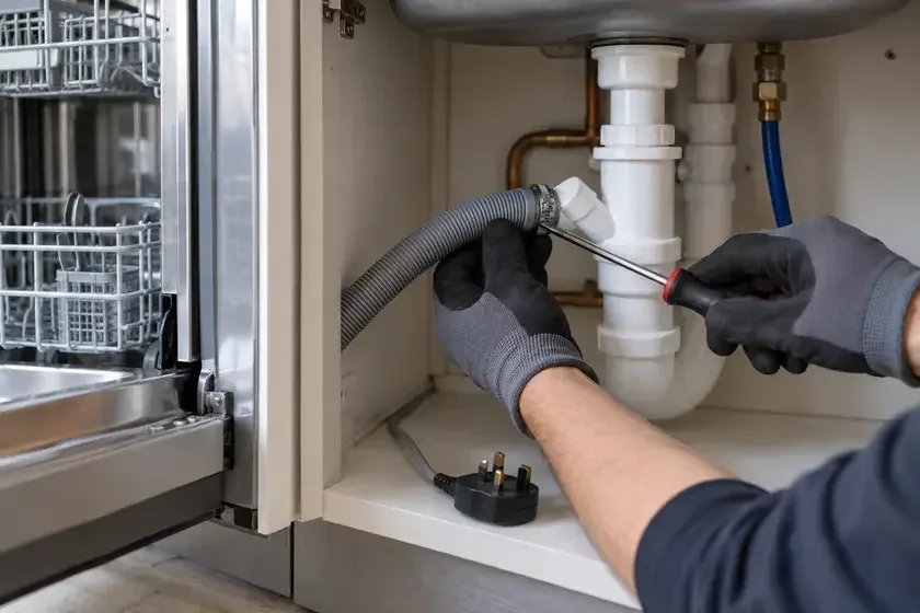 Technician connecting a dishwasher drain hose beneath a sink