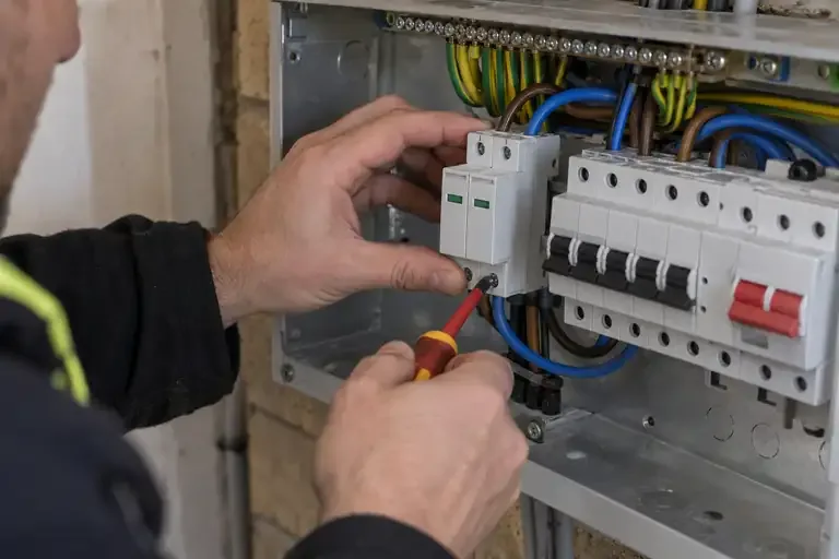 Surge protection installation: a professional electrician assessing or carrying out the electrical work.