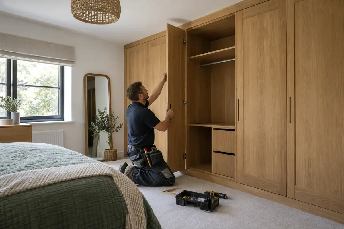 Carpenter fitting a made-to-measure wardrobe