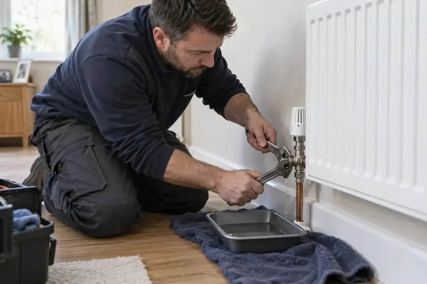 Plumber repairing a leaking radiator union with spanners and a drip tray.