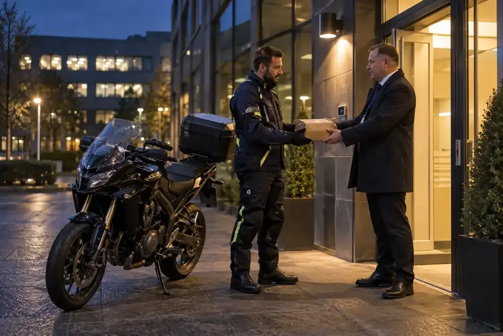 a motorcycle courier preparing or handing over a suitable consignment