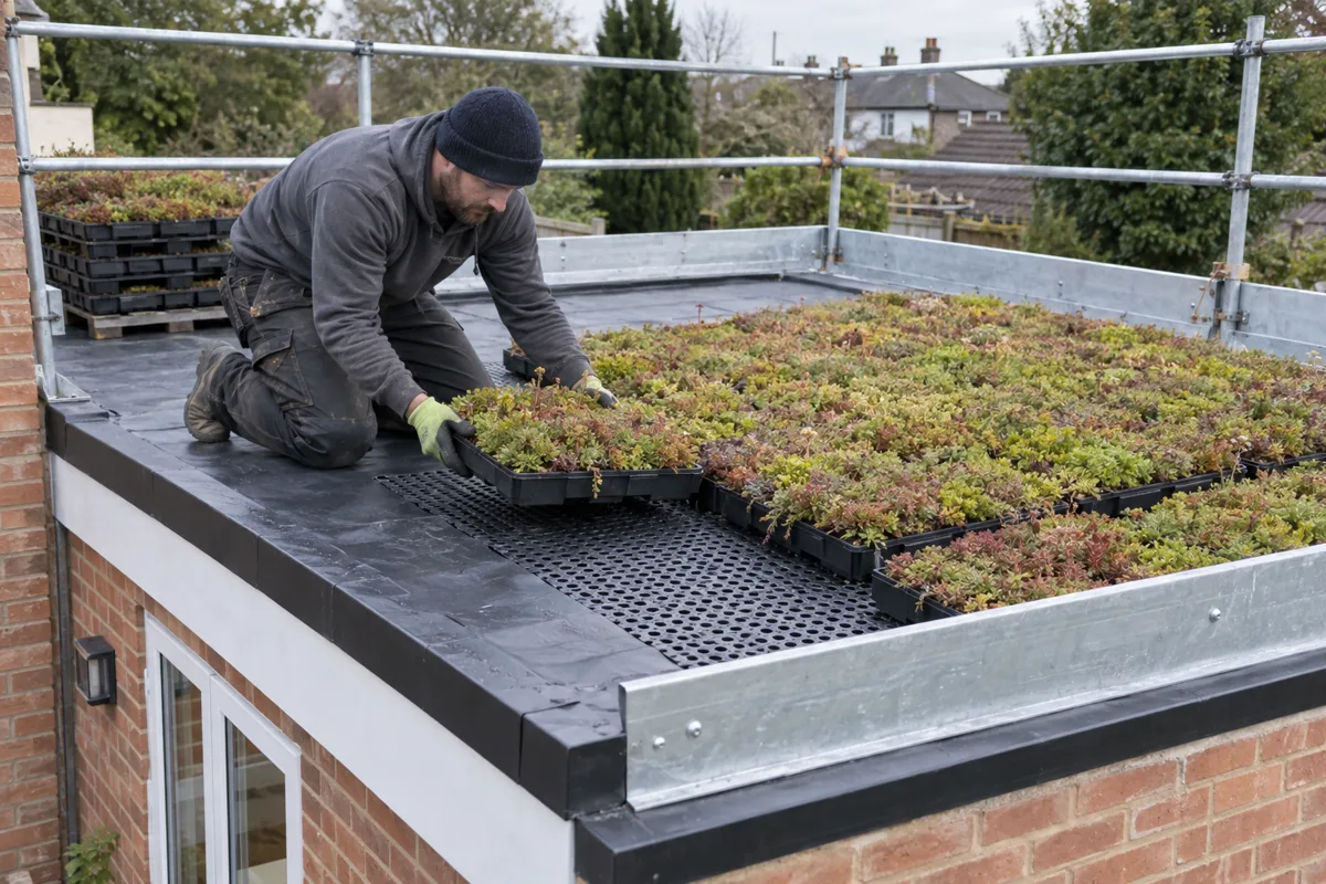 Roofer laying sedum trays on a flat roof with edge protection